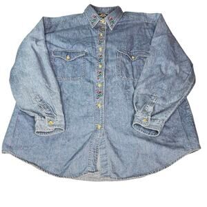 Vintage Christmas Women's sz Large/XL Denim Shirt Candy Cane Embroidery LS